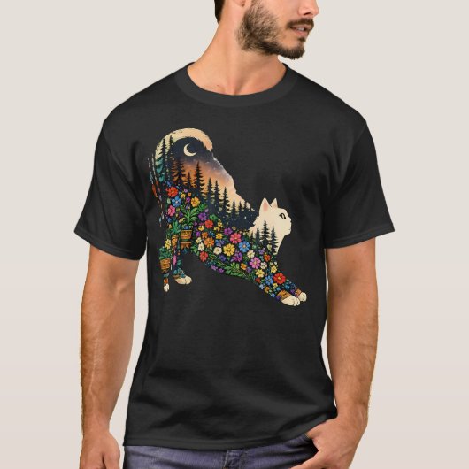 Boho Wildflower Cat Plants Forest Nature Hiking Tシャツ (正面)