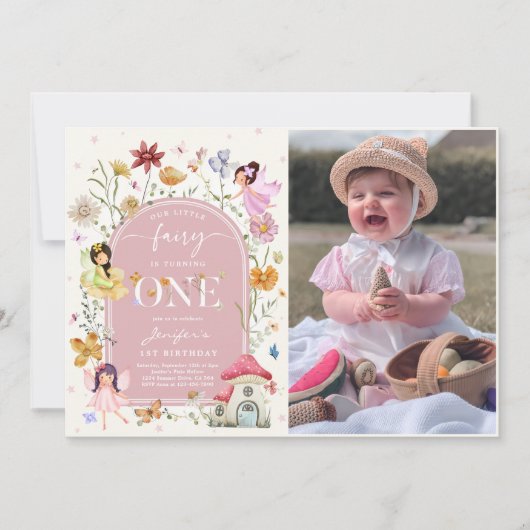 Boho Wildflower Fairy 1st誕生日パーティー写真 招待状 (正面)