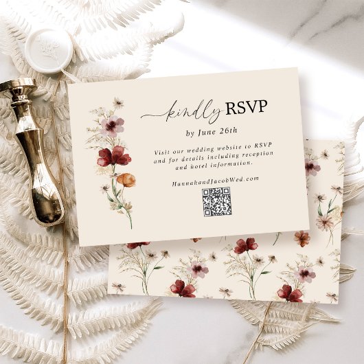 Boho Wildflower Fall Wedding QR Code RSVP Card