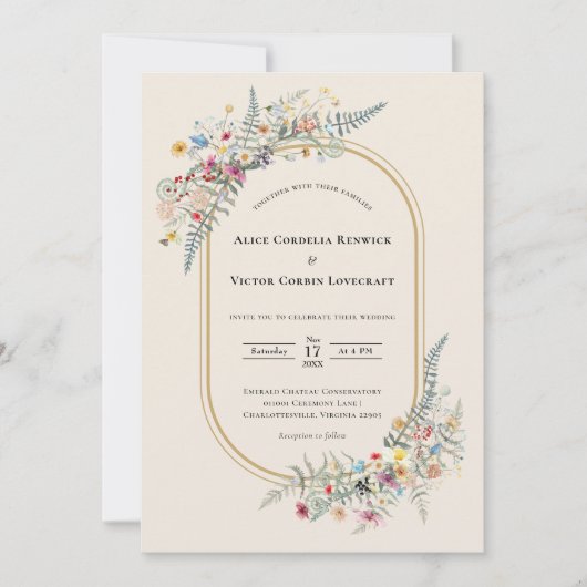 Boho Wildflower Fern Beigeの結婚写真 招待状 (正面)