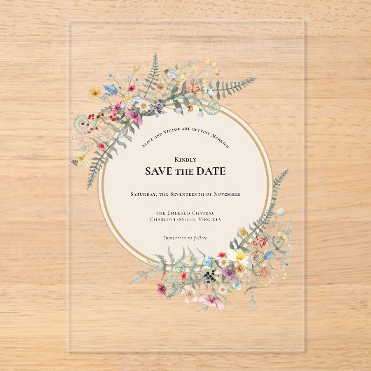 Boho Wildflower Fern Beige Save the Date アクリル招待状 (正面)