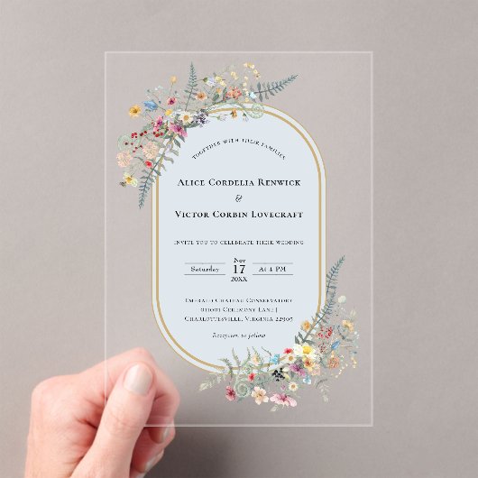 Boho Wildflower Fern Dusty Blue Wedding アクリル招待状 (インサイチュ (ポータブル))