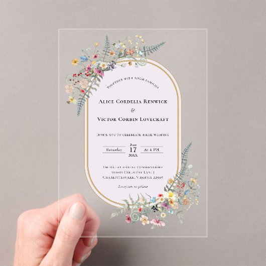 Boho Wildflower Fern Lavender Wedding アクリル招待状 (インサイチュ (ポータブル))