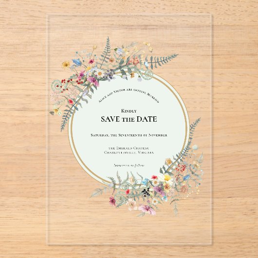 Boho Wildflower Fern Mint Green Save the Date アクリル招待状 (正面)