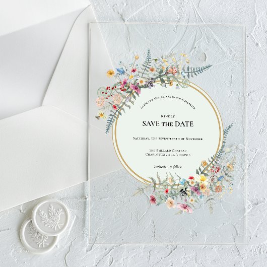 Boho Wildflower Fern Mint Green Save the Date アクリル招待状