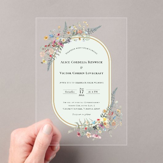 Boho Wildflower Fern Mint Green Wedding アクリル招待状 (インサイチュ (ポータブル))
