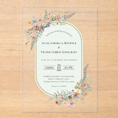 Boho Wildflower Fern Mint Green Wedding アクリル招待状 (正面)