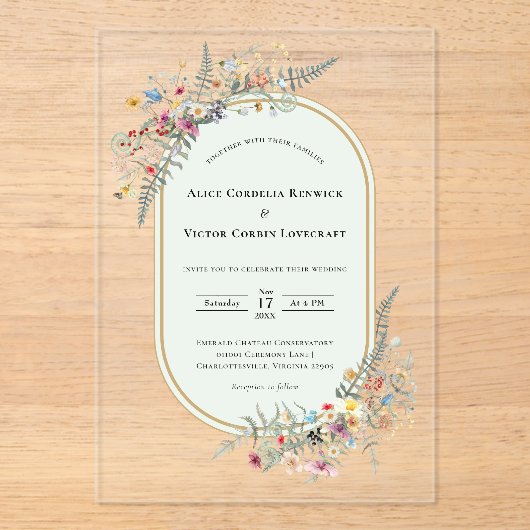 Boho Wildflower Fern Mint Green Wedding アクリル招待状 (正面)
