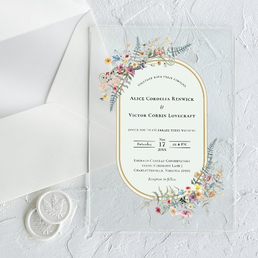 Boho Wildflower Fern Mint Green Wedding アクリル招待状