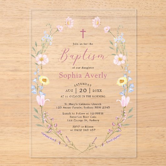 Boho Wildflower Floral Girl Baptism アクリル招待状 (正面)