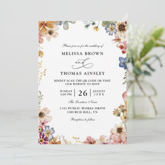 Boho Wildflower Garden Budget QR Code Wedding 招待状 (スタンド正面)