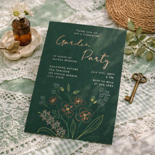 Boho Wildflower Garden Party Graduation 箔招待状