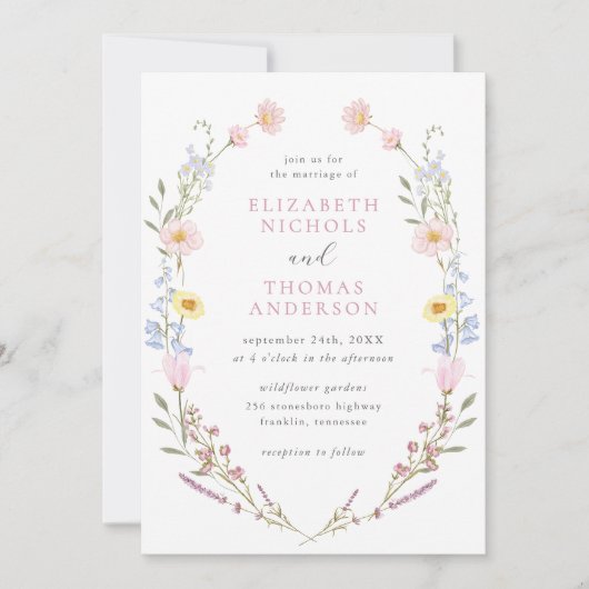 Boho Wildflower Garden Wreath Wedding 招待状 (正面)