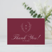 Boho Wildflower Monogram Elegant Burgundy Wedding サンキューカード (スタンド正面)