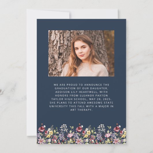 Boho Wildflower Navy Blue写真グラッド発表 招待状 (裏面)