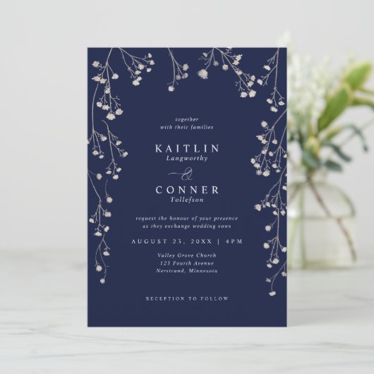 Boho Wildflower Navy Blue Baby's Breath Wedding 招待状 (スタンド正面)