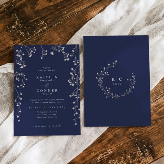 Boho Wildflower Navy Blue Baby's Breath Wedding 招待状