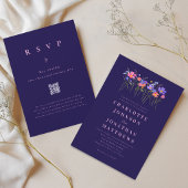 Boho Wildflower Navy Blue Pink Wedding QR Code 招待状