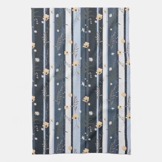Boho Wildflower Navy Striped Modern Home Decor キッチンタオル (縦)