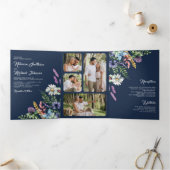 Boho Wildflower Photo All in One Navy Blue 結婚's 三つ折り招待状 (内部)