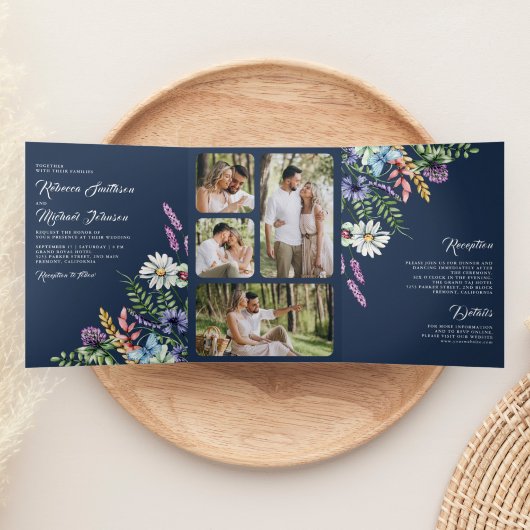 Boho Wildflower Photo All in One Navy Blue 結婚's 三つ折り招待状