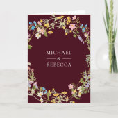 Boho Wildflower Photo QR Code Burgundy Wedding 招待状 (正面)