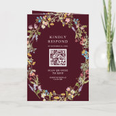Boho Wildflower Photo QR Code Burgundy Wedding 招待状 (裏面)