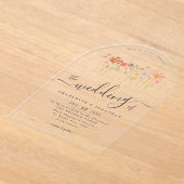 Boho Wildflower Pink Orange Yellow Rust Wedding アクリル招待状 (レイダウン)