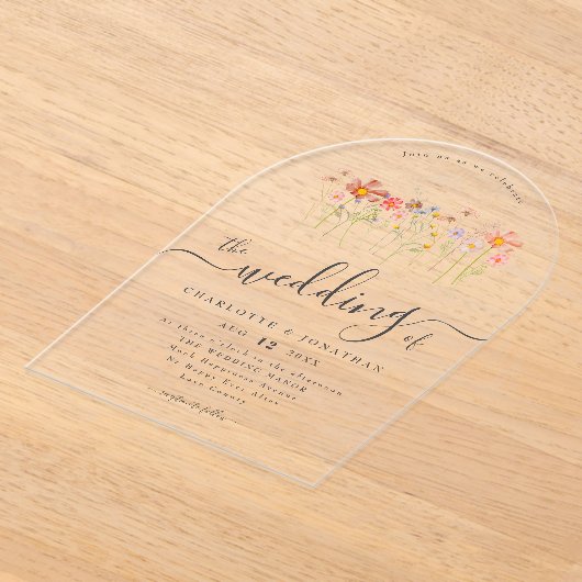 Boho Wildflower Pink Orange Yellow Rust Wedding アクリル招待状 (レイダウン)