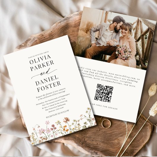 Boho Wildflower QR Code Photo Minimalist Wedding  招待状