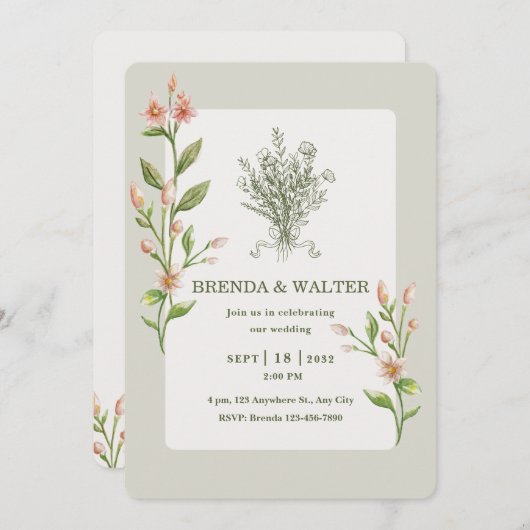 Boho Wildflower Watercolor Botanical Sage Wedding  招待状 (正面/裏面)