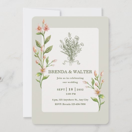 Boho Wildflower Watercolor Botanical Sage Wedding 招待状 (正面)