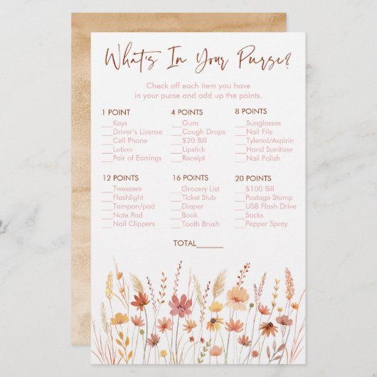 Boho Wildflowersあなたの財布シャワーゲームの中にあるものを (正面/裏面)