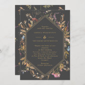 Boho Wildflowersグレーと金ゴールドジオフレーム結婚ズ 招待状 (正面/裏面)