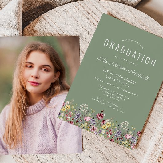 Boho Wildflowersセージ緑の写真卒業 招待状