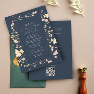 Boho WildflowersフレームNavy RSVP QRコード結婚s 招待状