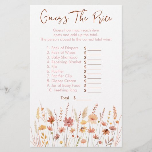 Boho Wildflowers価格ベビーシャワーゲームを推測 (正面)