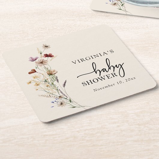 Boho Wildflowers赤ちゃんシャワーコースター スクエアペーパーコースター