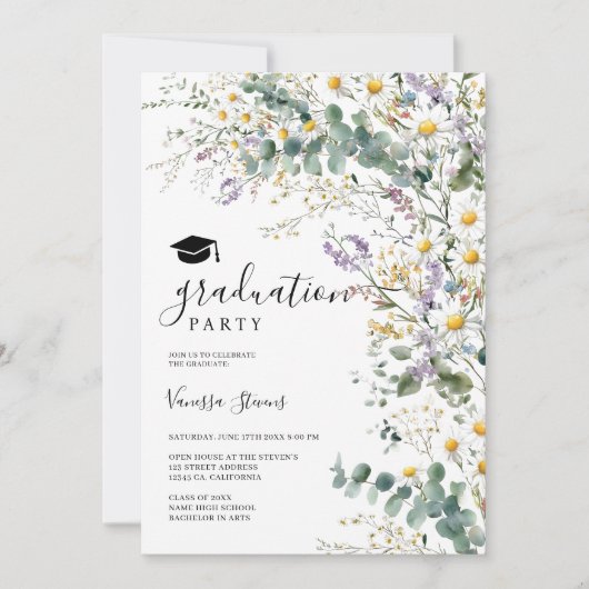 Boho Wildflowers 3枚かわいらし写真卒業 招待状 (正面)