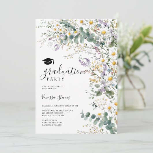 Boho Wildflowers 3枚かわいらし写真卒業 招待状 (スタンド正面)