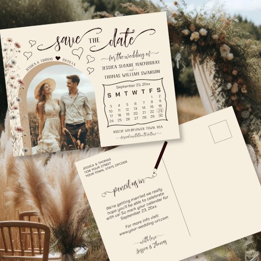 Boho Wildflowers Calendar & Photo Save the Date 案内ポストカード