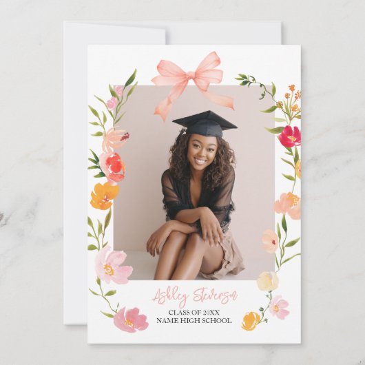 Boho Wildflowers Coquette Bow photo graduation 招待状 (裏面)