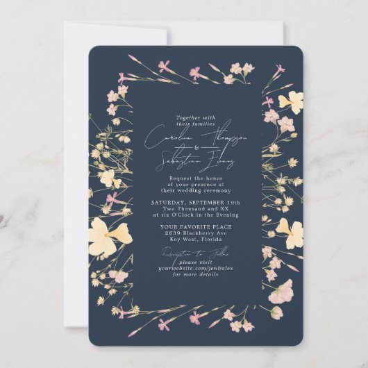 Boho Wildflowers Frame Navy 結婚's 招待状 (正面)