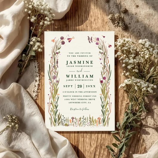 Boho Wildflowers Mushroom Magic QR Code Wedding 招待状