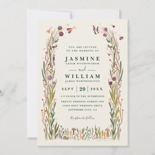 Boho Wildflowers Mushroom Magic QR Code Wedding 招待状 (正面)