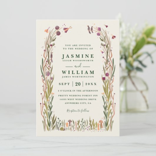 Boho Wildflowers Mushroom Magic QR Code Wedding 招待状 (スタンド正面)