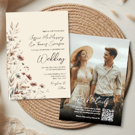 Boho Wildflowers & Photo Modern QR Code Wedding 招待状