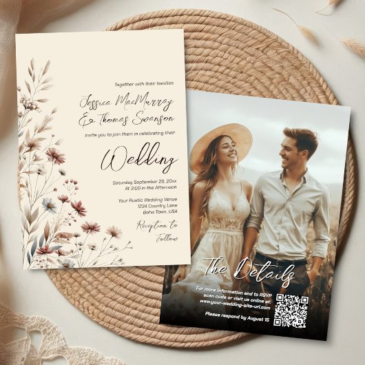 Boho Wildflowers & Photo Modern QR Code Wedding 招待状