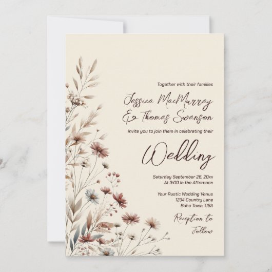 Boho Wildflowers & Photo Modern QR Code Wedding 招待状 (正面)