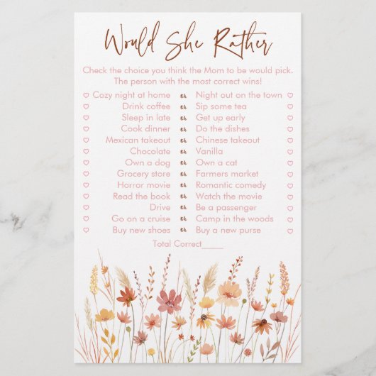 Boho Wilflowers彼女はむしろ赤ちゃんシャワーのゲーム (正面)